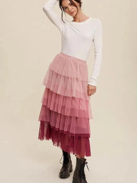 Gradient Tiered Mesh Maxi Skirt
