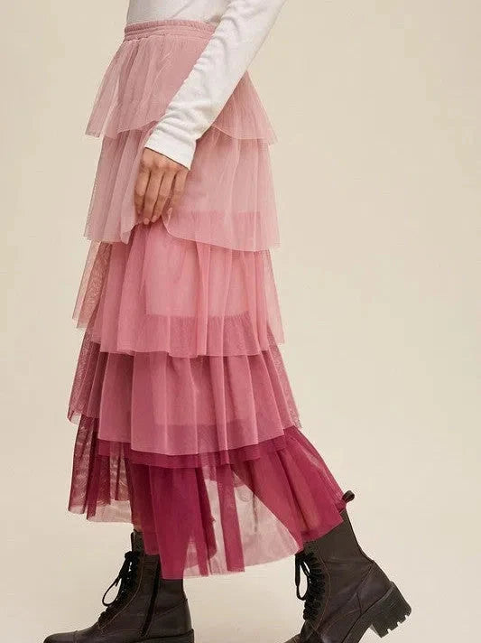 Gradient Tiered Mesh Maxi Skirt