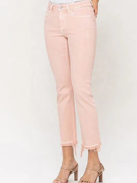 Pink Mid Rise Straight Cut Cropped Mom Jeans