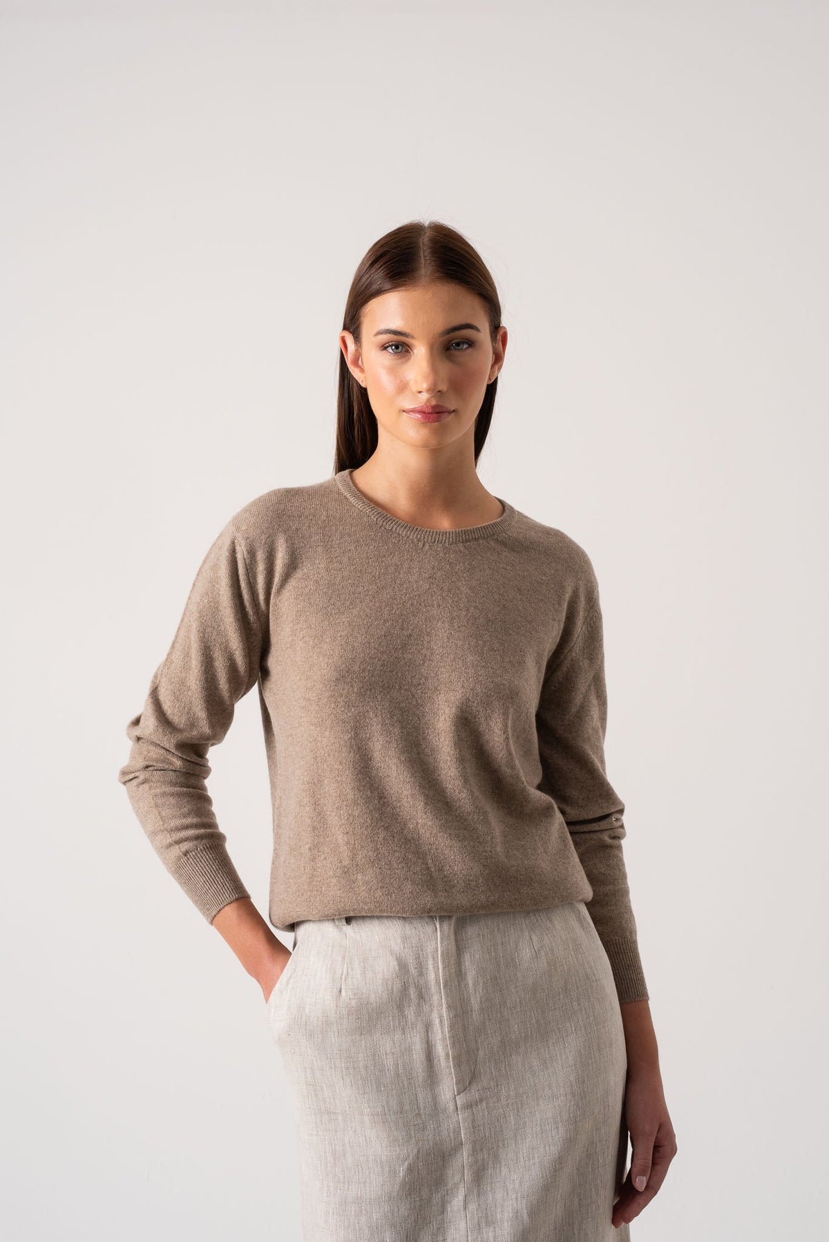Crewneck 100% Cashmere Sweater Taupe