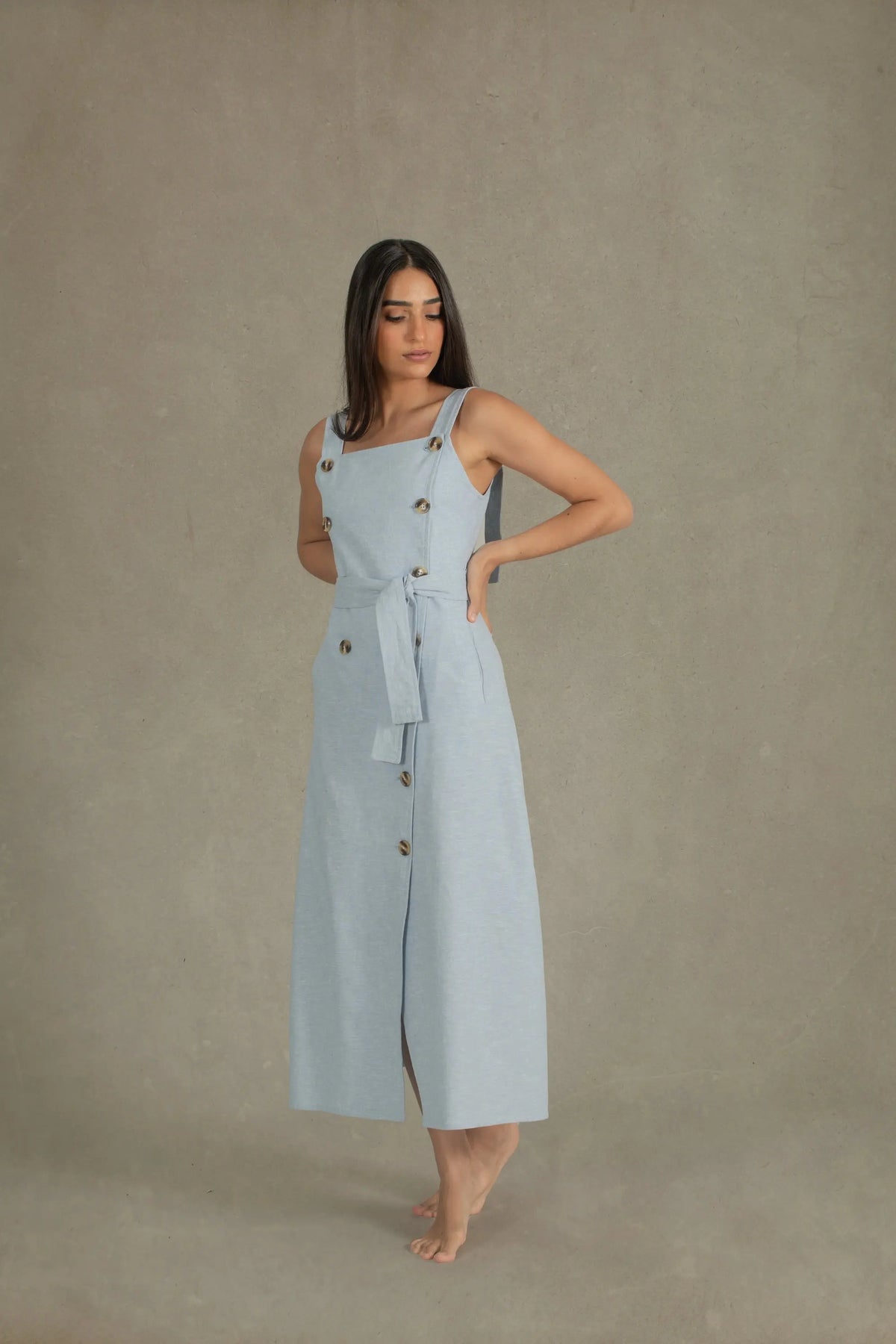 Linen Midi Dress Sky Blue