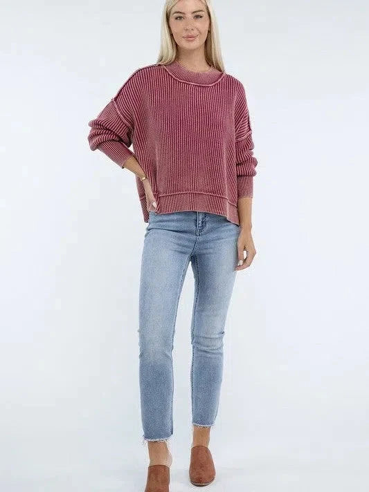 Washed Side Slit Oversized Cropped Sweater