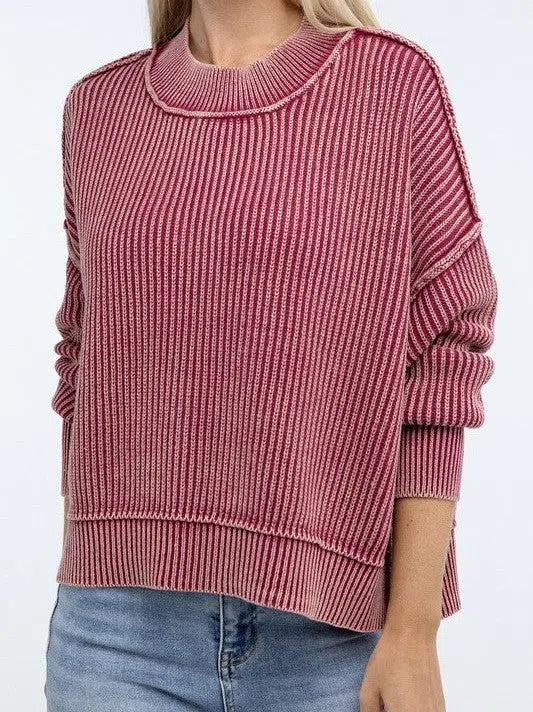 Washed Side Slit Oversized Cropped Sweater