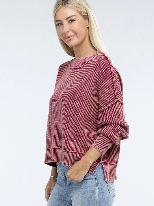 Washed Side Slit Oversized Cropped Sweater