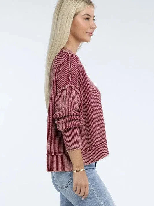 Washed Side Slit Oversized Cropped Sweater
