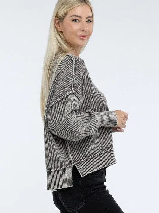 Washed Side Slit Oversized Cropped Sweater