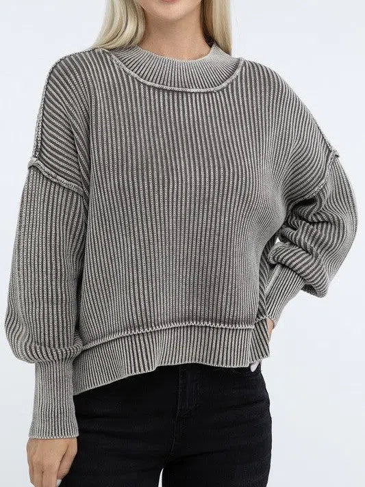 Washed Side Slit Oversized Cropped Sweater