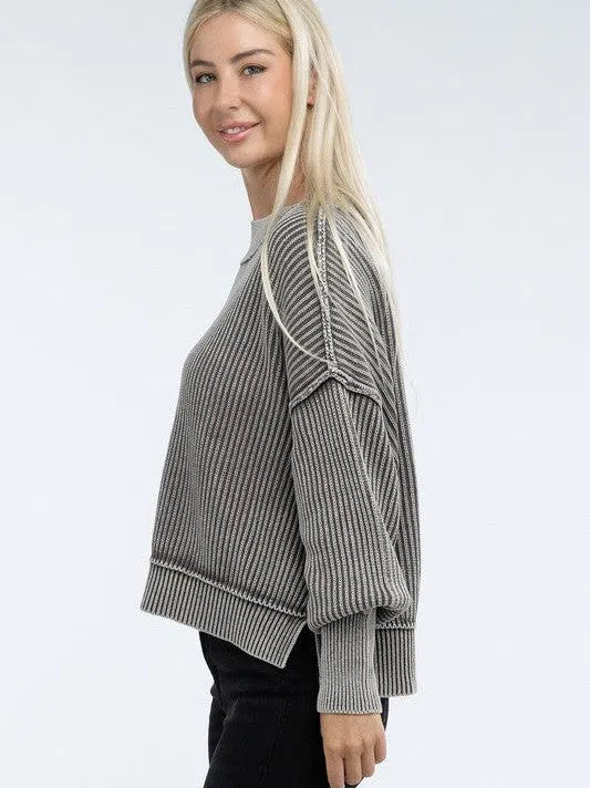 Washed Side Slit Oversized Cropped Sweater