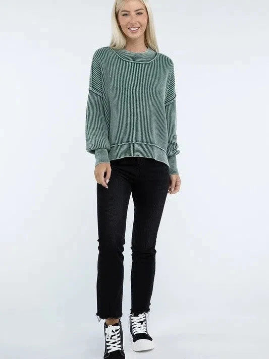 Washed Side Slit Oversized Cropped Sweater