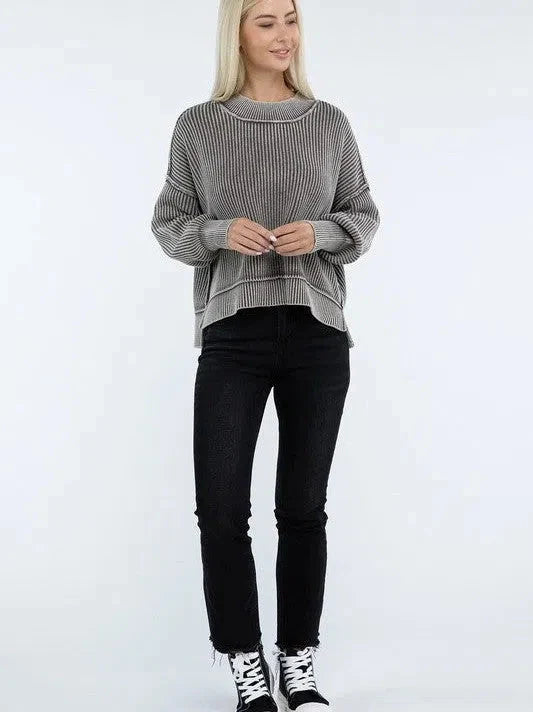 Washed Side Slit Oversized Cropped Sweater