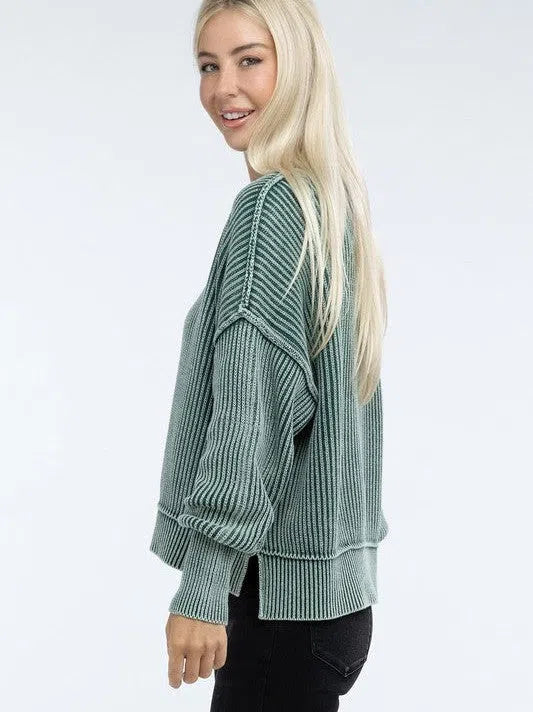 Washed Side Slit Oversized Cropped Sweater