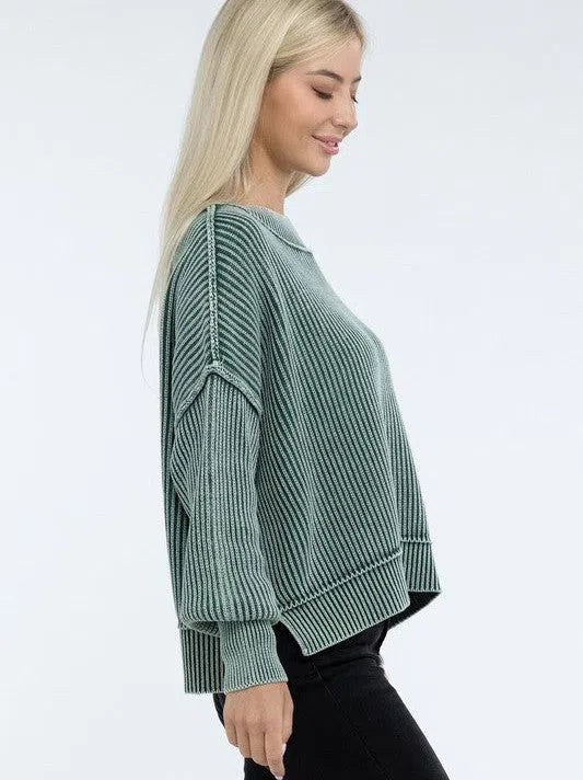 Washed Side Slit Oversized Cropped Sweater