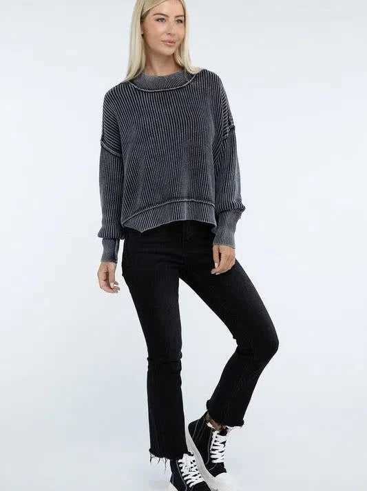 Washed Side Slit Oversized Cropped Sweater