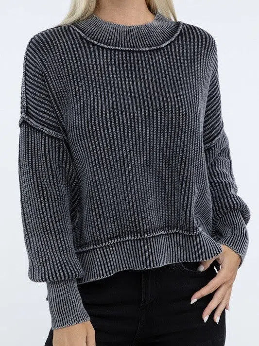 Washed Side Slit Oversized Cropped Sweater
