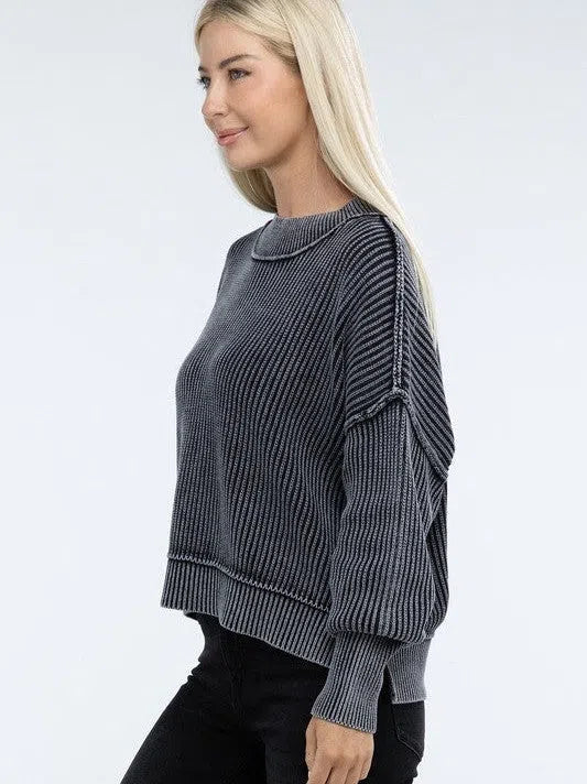 Washed Side Slit Oversized Cropped Sweater