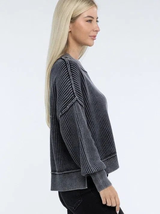 Washed Side Slit Oversized Cropped Sweater