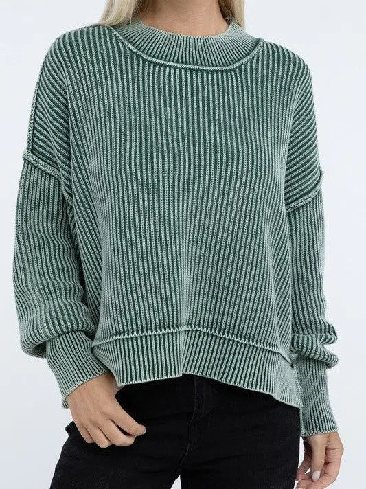 Washed Side Slit Oversized Cropped Sweater